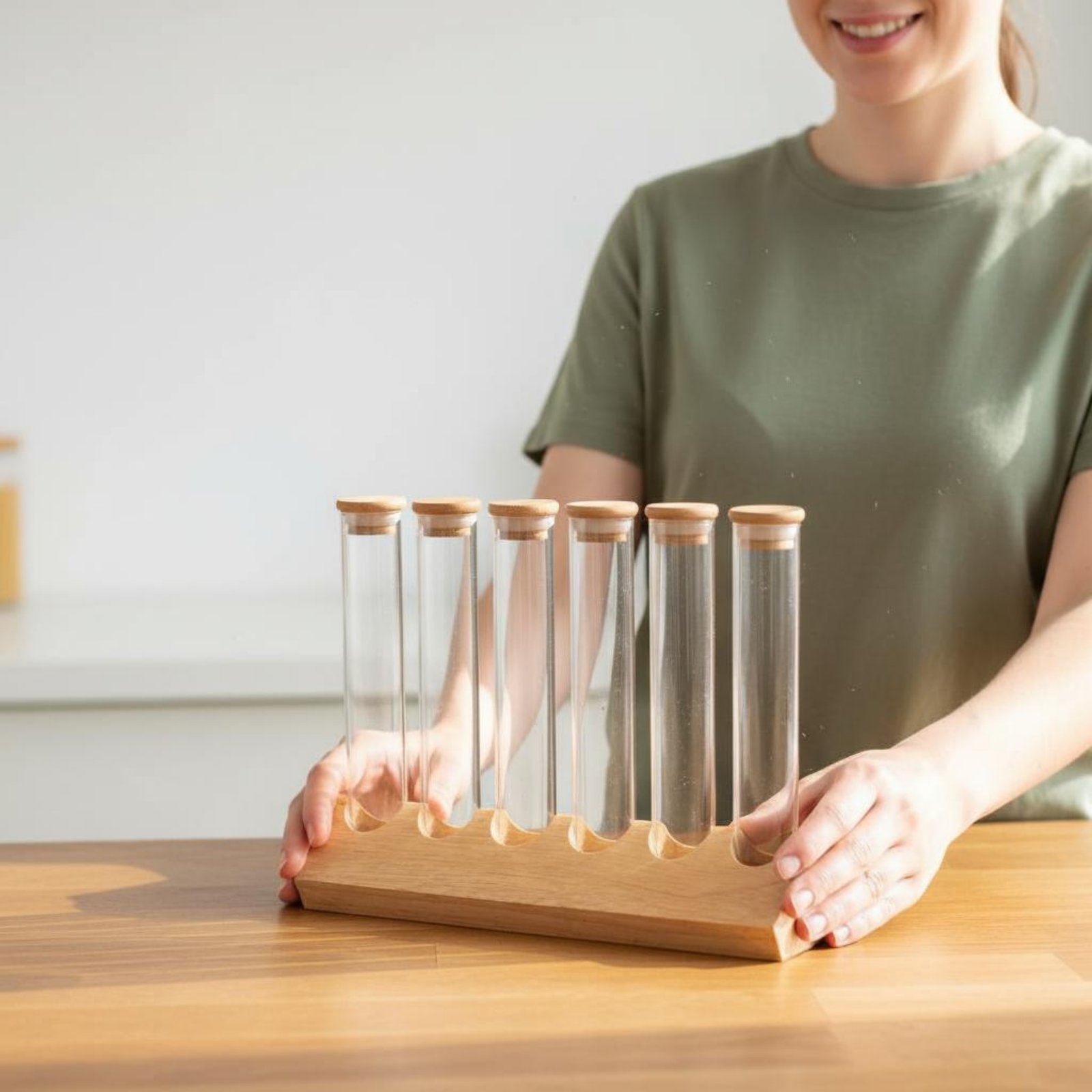 Display Stand Wood - Glass Tube Container Set with Wooden