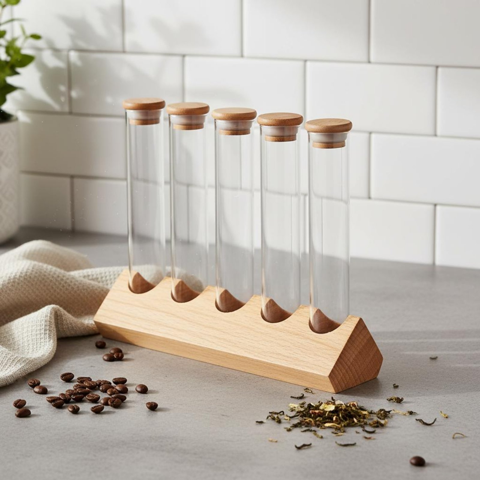 Glass Tube Container Set with  - Display Stand Wood review and price